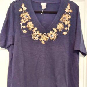 NWOT Chico's Navy V Neck Short Sleeve Tee with Gold Beaded Design size 2 (12/14)